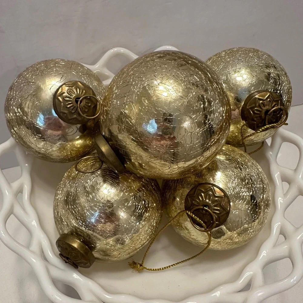 Restoration Hardware Gold Crackle Glass Ball Christmas Ornaments Set of 6 3.5in